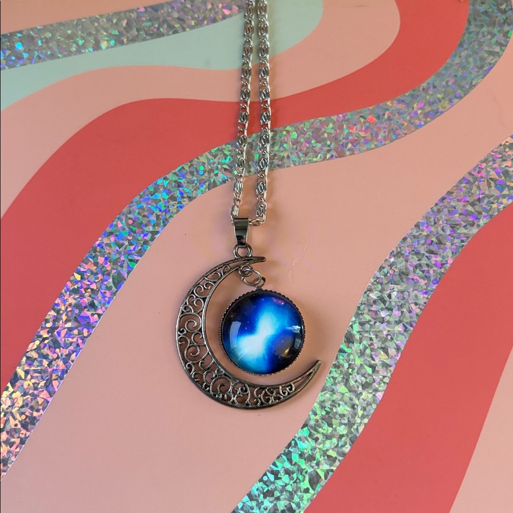 Silver Crescent Moon Necklace with Blue Pendant